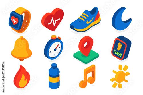 Active Lifestyle Icons. Isometric vector illustration set Active Lifestyle Icons: smartwatch, heartbeat, sports shoe, moon for