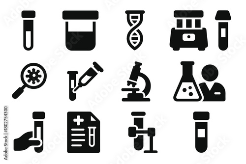 Medical Lab Instruments. Solid style icons of Medical lab: blood test tube, urine test tube, DNA sample, test tube in centrifuge,