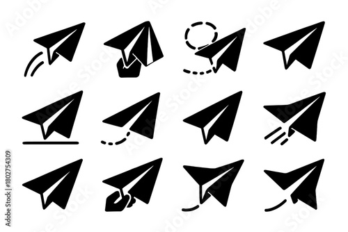 Paper Airplane Icons. Solid style icons of paper airplanes: launching paper plane, folding paper plane, looping paper plane,
