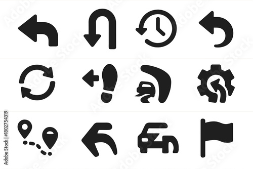 Reverse Motion Icons. Solid style icons of reverse motion: backward arrow, U-turn road sign, rewind clock, undo action, return