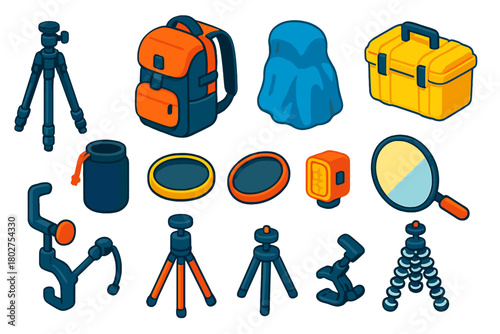 Outdoor Photography Kit. Isometric vector illustration set Outdoor Photography Kit: travel tripod, camera backpack, rain cover,