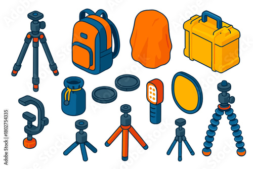 Outdoor Photography Kit. Isometric vector illustration set Outdoor Photography Kit: travel tripod, camera backpack, rain cover,