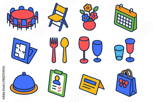 Event Setup Icons. Isometric vector illustration set Hospitality Event Setup Icons: banquet table, folding chair, floral