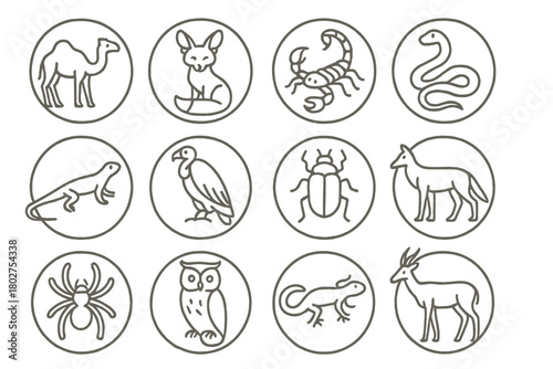 Desert Wildlife Icons. Line style icons of desert wildlife in round shape: camel, fennec fox, scorpion, desert snake; lizard,