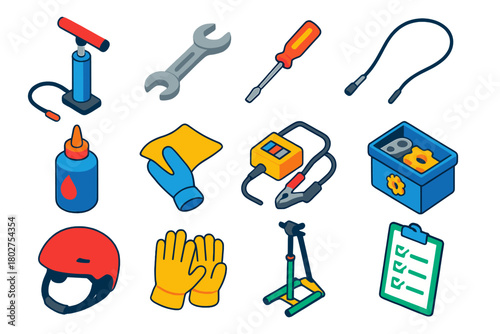 E-Scooter Maintenance Icons. Isometric vector illustration set E-Scooter Maintenance Icons: tire pump, wrench, screwdriver, brake