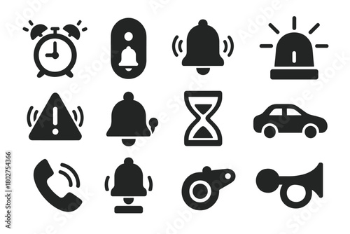 Alert Sound Icons. Solid style icons of alert sounds: alarm clock ringing, doorbell sound, notification chime, emergency siren,