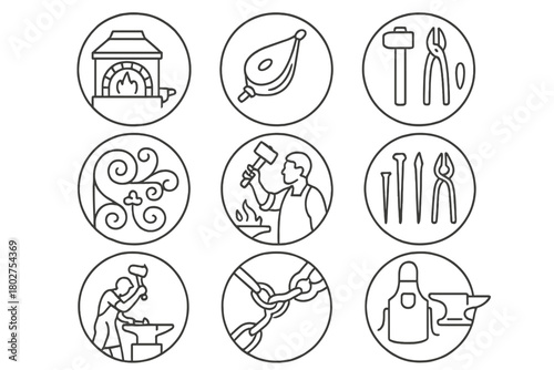 Traditional Blacksmith Icons. Line style icons of traditional blacksmithing in round shape: medieval forge, bellows pumping, old