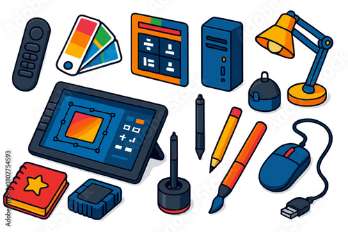 Design Tools Galore. Isometric vector illustration set design tools for graphic designers and creatives: full HD pen monitor,