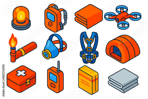 Space Rescue Equipment. Isometric vector illustration set Space Rescue and Safety Gear: emergency beacon, life support pack,
