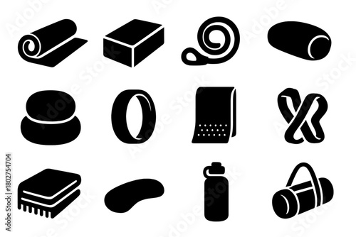 Yoga Equipment Icons. Solid style icons of Yoga equipment: yoga mat, yoga block, yoga strap, bolster, meditation cushion, yoga