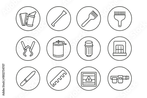 Beekeeping Tools Icons. Line style icons of beekeeping tools in round shape: smoker, hive tool, bee brush, uncapping fork; frame