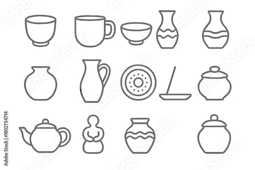 Pottery Line Icons. Line style icons of pottery forms in round shape: clay cup, ceramic mug, shallow bowl, flower vase; wide jar,