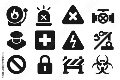 Emergency Halt Icons. Solid style icons of emergency halt: fire alarm stop, siren off, hazard blocked, gas valve closed, emergency
