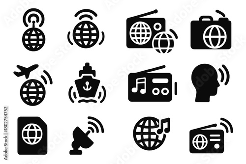 Global Radio Icons. Solid style icons of global radio: globe with antenna, world waves, international station, travel radio,