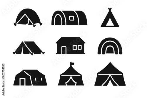 Variety of Tent Icons. Solid style icons of tents: dome tent, tunnel tent, teepee tent, ridge tent, cabin tent, inflatable tent,