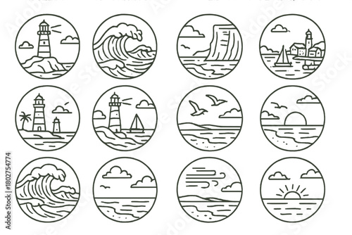 Coastal Line Art Icons. Line style icons of coastal scenes in round shape: lighthouse on rock, crashing waves, sea cliff, harbor