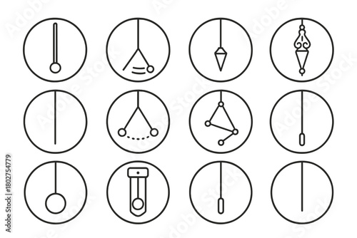 Pendulum Icon Set. Line style icons of pendulums in round shape: long pendulum, swinging pendulum, weighted pendulum, brass