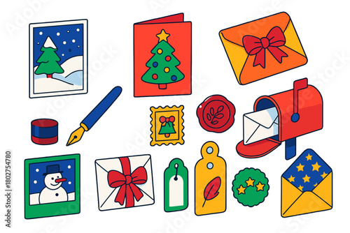 Festive Holiday Postcards. Isometric vector illustration set Holiday Postcards and Greetings: postcard with snow scene, greeting