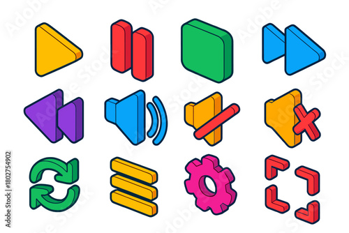 Colorful Music Video Icons. Isometric vector illustration set Music Video Control Icons: play triangle, pause lines, stop square,