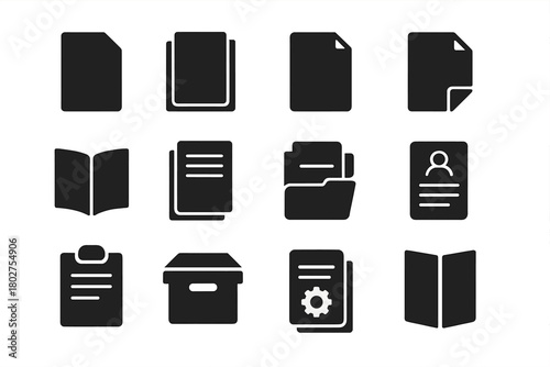 Solid Document Icons. Solid style icons of document copies: single page, multiple pages, stapled sheets, folded paper, bound