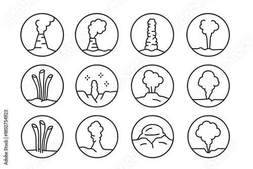 Hydrothermal Vent Icons. Line style icons of hydrothermal vents in round shape: black smoker vent, white smoker, mineral chimney,