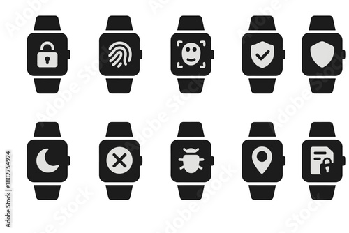 Security Smartwatch Icons. Solid style icons of security smartwatch: lock screen, fingerprint unlock, face unlock, shield