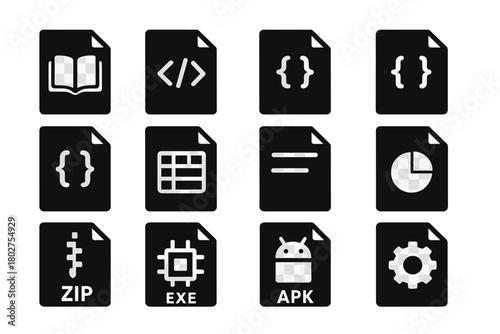 Digital File Icons. Solid style icons of Digital files: eBook file, HTML file, XML file, CSS file, JSON file, CSV file, DOC file,