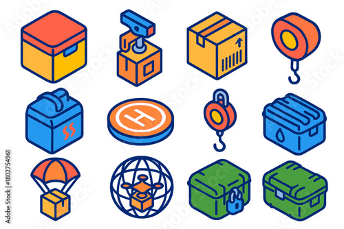 Aerial Delivery Equipment Icons. Isometric vector illustration set Aerial Delivery Equipment: insulated delivery box, package drop