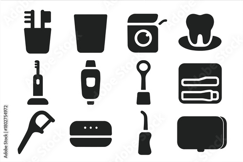 Dental Icon Collection. Solid style icons of Dental hygiene accessories: toothbrush holder, rinse cup, floss container, tooth tray
