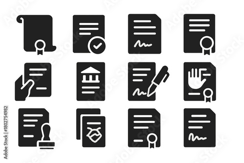 Legal Icons Collection. Solid style icons of Legal signing: scroll with ribbon, notarized document, legal contract with signature,