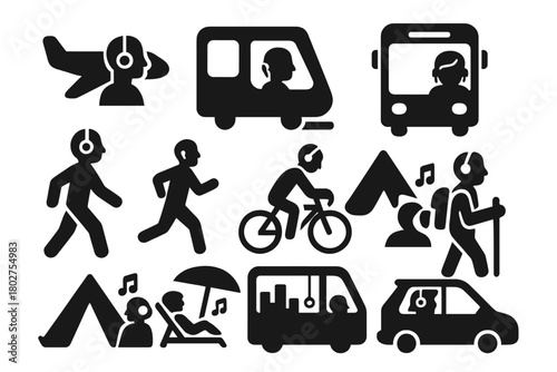 Travel Audio Icons. Solid style icons of travel and outdoor listening: airplane headphones, train passenger headphones, bus