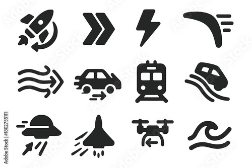Reverse Speed Icons. Solid style icons of reverse speed: rocket turning back, fast arrows left, rewind lightning, boomerang speed,