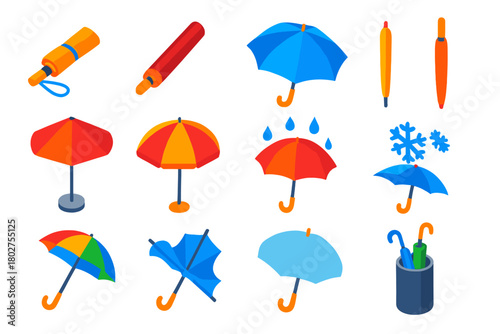 Colorful Umbrella Icons. Isometric vector illustration set Travel Umbrella Icons: folding umbrella, compact umbrella, open rain