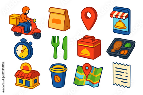 Express Food Delivery Icons. Isometric vector illustration set Express Food Delivery Icons: scooter rider, sealed food package,