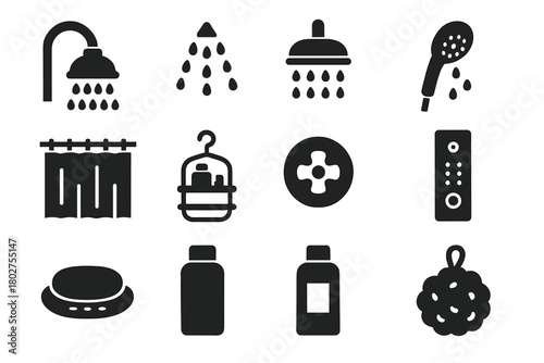 Shower Essentials Icons. Solid style icons of Shower items: showerhead, water spray, rain shower, handheld shower, shower curtain,