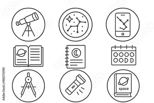 Astronomy Tools Icons. Line style icons of astronomy tools in round shape: telescope, star map, sky app, constellation chart;