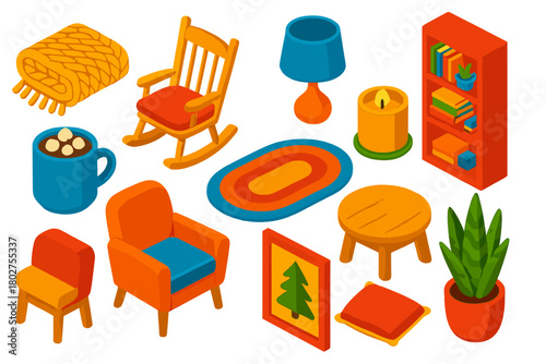 Cozy Winter Home Decor. Isometric vector illustration set Cozy Winter Home Decor: knitted blanket, rocking chair, table lamp,
