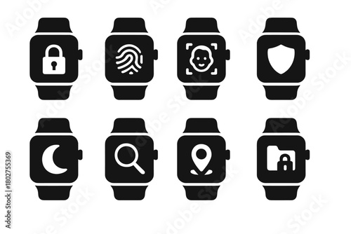 Security Smartwatch Icons. Solid style icons of security smartwatch: lock screen, fingerprint unlock, face unlock, shield