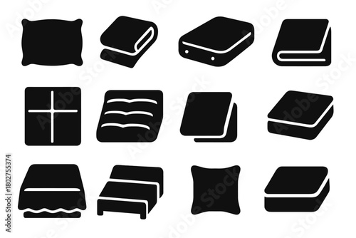 Bedding Accessories Icons. Solid style icons of Bedding accessories: pillow, blanket, mattress, bedsheet, quilt, comforter,