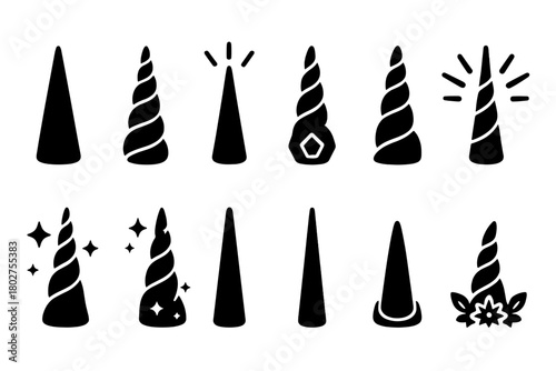 Unicorn Horn Icons. Solid style icons of unicorn horns: single horn, spiral horn, glowing horn, jewel horn, twisted horn, radiant