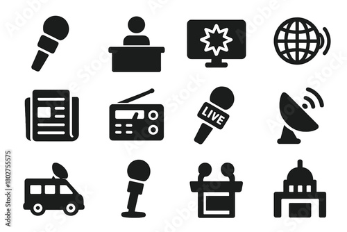 News Icons Collection. Solid style icons of news broadcast: microphone with news label, reporter desk, breaking news symbol, globe
