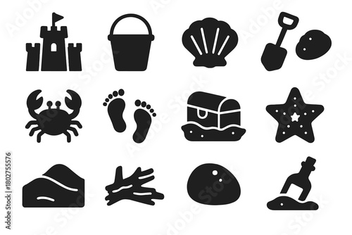 Beach Icons Collection. Solid style icons of sand: sandcastle, sand bucket, shovel, seashell, crab, footprints in sand, driftwood,