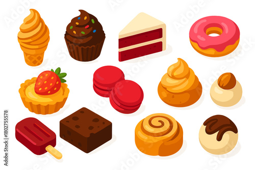 Collection of desserts including cakes, donuts, and pastries