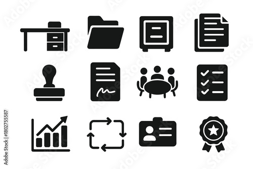 Administration Icon Set. Solid style icons of administration: office desk, file folder, cabinet drawer, paperwork stack, signature