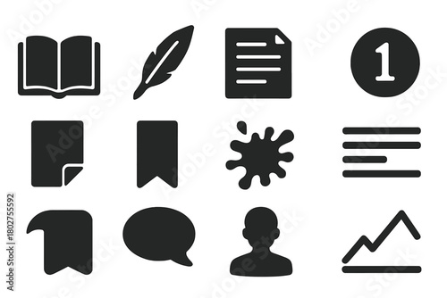 Story Elements Icons. Solid style icons of Story elements: book, quill, manuscript, chapter marker, page turn, bookmark, ink