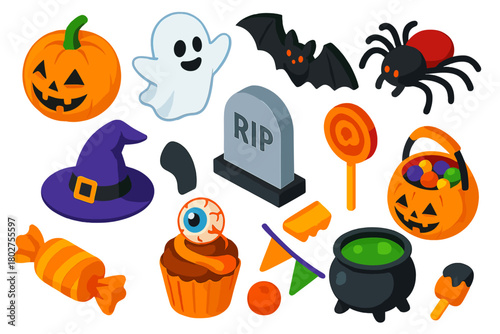 Halloween Party Icons. Isometric vector illustration set Halloween Party Icons: jack-o’-lantern pumpkin, smiling ghost, vampire