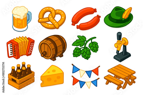 Bavarian Beer Icons. Isometric vector illustration set Bavarian Beer Icons: beer mug, pretzel, sausage link, Bavarian hat,