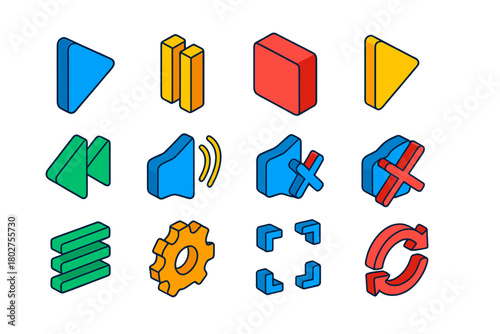 Vibrant Control Icons. Isometric vector illustration set Audio-Video Control Icons: play triangle, pause lines, stop square,