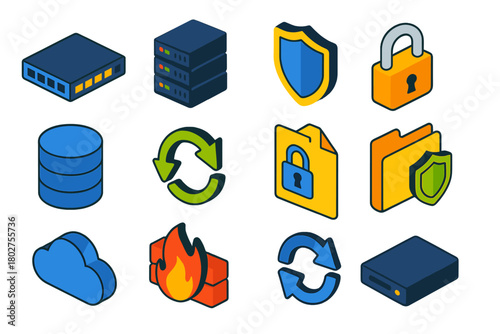 Secure Network Icons. Isometric vector illustration set Secure Network Icons: network switch, server rack, shield, padlock,