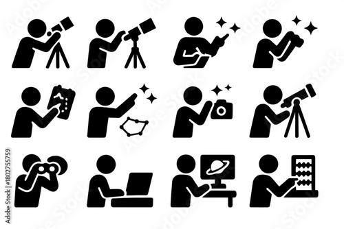 Observation Icons Collection. Solid style icons of Observation actions: looking through telescope, adjusting lens, taking notes,